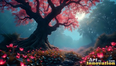 An old tree with pink leaves stands in a foggy night forest by the moon