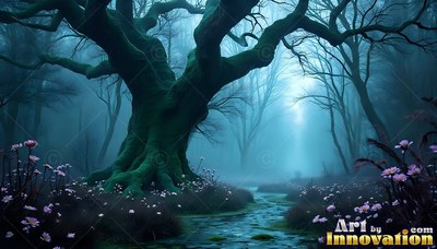In a misty blue forest, a twisted old tree stands beside small pink flowers