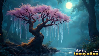 A pink flowering tree stands by a stream under the shining full moon