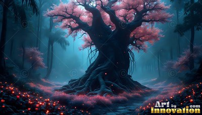 Pink leaves cover a thick tree standing in a dark teal forest with red lights on the ground