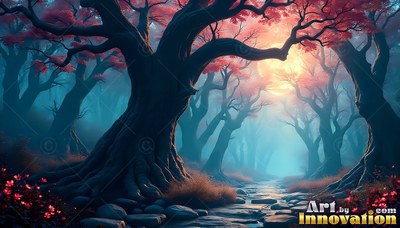 Gnarled trees arch over a stone path under a shining full moon shining pink and teal