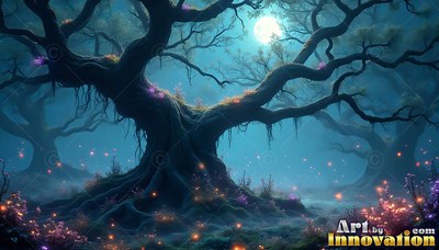 Reaching wide in a foggy teal forest, an old twisted tree stands under the moon