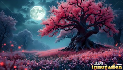 A twisted tree with pink leaves stands under a shining full moon in teal sky