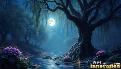 In a shadowy forest, an old willow tree stands by a stream under a shining full moon