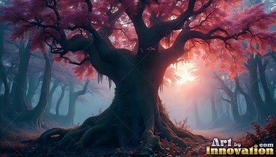 Spreading wide roots, a gnarled tree with pink leaves stands in bright dawn light