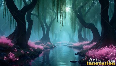 Willow trees and pink shrubs line a calm stream in teal mist