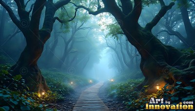 Thick curved tree trunks frame a wooden plank path lit by small lanterns in blue mist