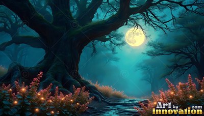 An ancient twisted tree stands over a forest path in soft teal moonlight