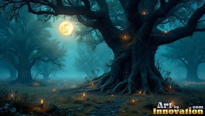 Rooted deep in a foggy blue forest, an ancient tree spreads under a bright moon