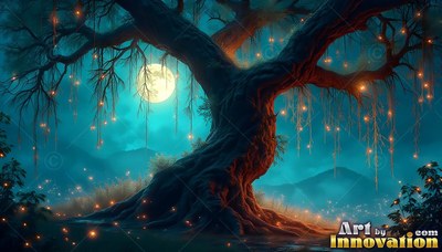 A twisted tree with hanging lights stands under a bright moon at night