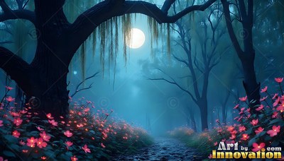 In a dark blue forest, a bright moon shines over pink flowers beside a path