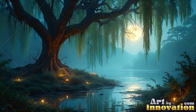 Leaning over dark water, a willow tree stands beside a bright full moon in blue mist