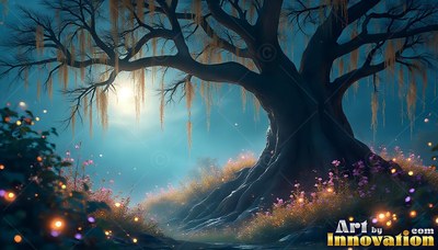 An old tree on a hill under bright moonlight with pink flowers