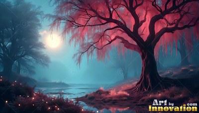 Pink weeping leaves hang from a dark tree beside a misty blue pond under a bright moon
