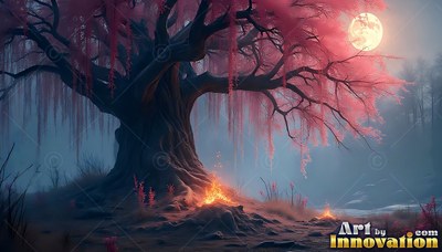 A twisted tree spreads pink leaves into blue fog near small fires under a bright moon