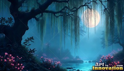 Leaning over a teal stream, a dark willow beneath the moon