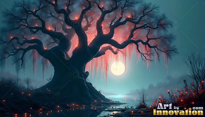 A large dark tree sits by water under a full moon with red lights in the branches