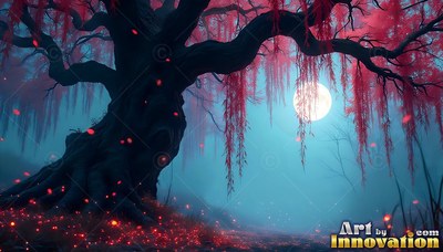 In blue mist under a shining full moon, a gnarled willow tree hangs with red leaves