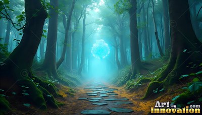 Floating above a stone path, a bright blue orb shines in a misty green forest