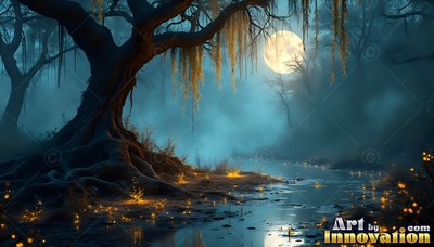 A crooked tree beside a stream under a full moon in blue mist