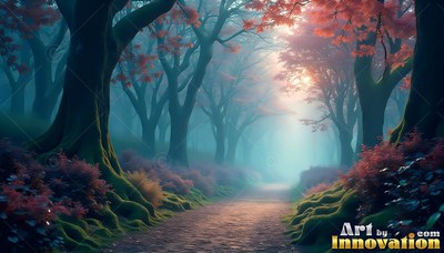 Mossy roots line a dirt path through a dim forest under pink leaves and teal mist