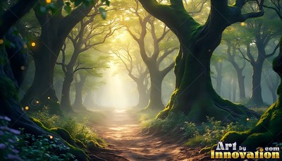 A dirt path winds through mossy green trees toward pale yellow sunlight in the distance