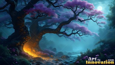 Leaning across a rocky stream, a gnarled tree spreads pink flowers in a deep forest