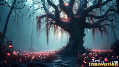An old twisted tree sits in blue mist over a path of red mushrooms