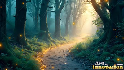 In a misty teal forest, a dirt path curves toward warm sunlight