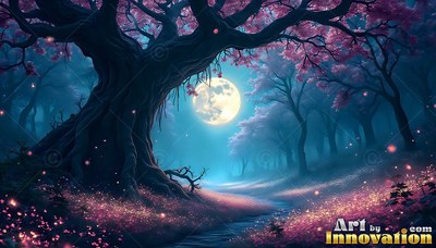 Framing a bright full moon, an old gnarled tree arches over pink blossoms in a blue forest