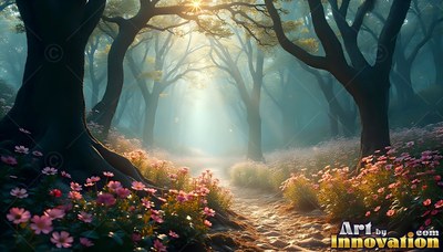 Sunlight breaks through dim forest trees over a pink flower path