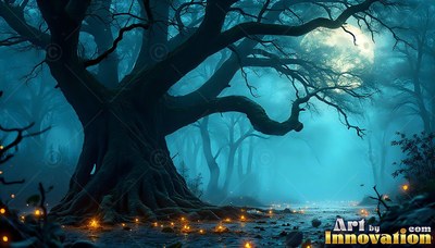 Twisted thick roots anchor a dark ancient tree in a blue foggy forest under moonlight