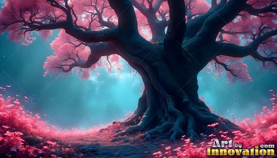 A large tree spreads pink blossoms against a soft teal background