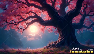 Branching wide on a grassy hill, an old tree with pink leaves frames the moon