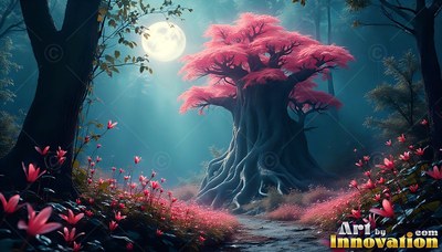 A large tree with bright pink leaves stands under a shining full moon in a misty forest