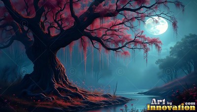 Beside a foggy river, a twisted tree with red leaves stands beneath a round moon