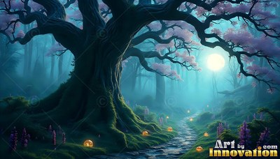 Spreading pink blossoms in moonlight, a large tree arches over a stony forest path