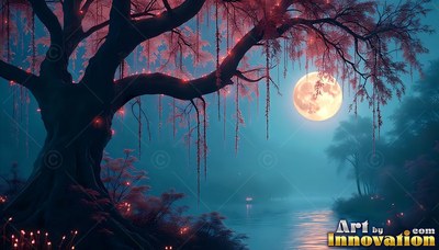 A round moon shines beside a dark tree over blue water