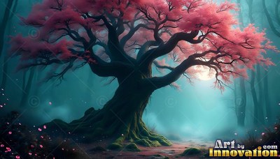 Pink leaves on twisted black branches cover a tree standing in a dark teal forest lit by the moon
