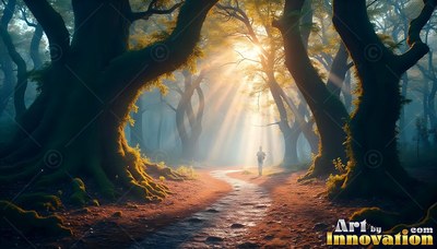 A person walks along a winding forest path where bright sunlight filters through tall trees