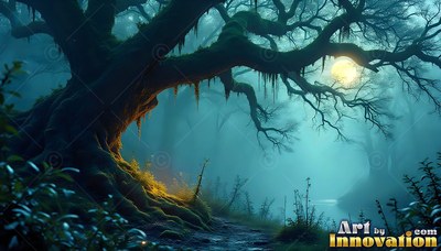 Leaning low over a dim forest path, an old tree stands in blue mist