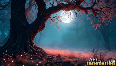 A large crooked tree stands in blue mist under a bright moon with red lights below