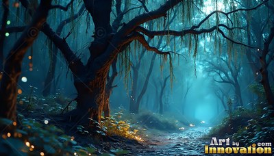 In a dark teal forest, an old gnarled tree branches over a misty path