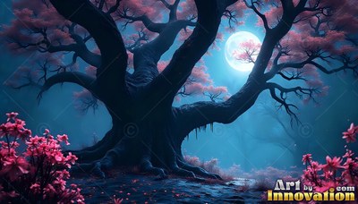 Branching under a full moon, a gnarled tree spreads pink leaves in teal night mist