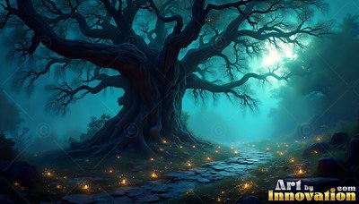 A gnarled oak tree stands by a stone path in teal fog