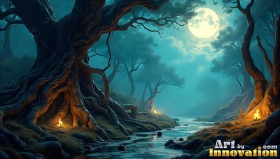 Thick twisted roots of a large tree frame a teal forest stream under the bright moon