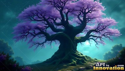 A broad tree spreads purple blossoms against a soft teal night sky