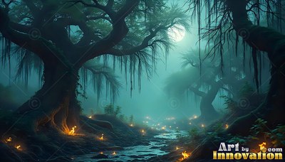Bending over a shallow stream in a teal forest, old trees rest under a moon