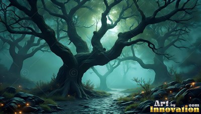 A gnarled tree with wide branches stands in teal mist over a rocky creek