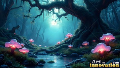 In a misty teal forest, pink lighted mushrooms grow along a creek under a twisted tree